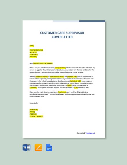 6+ FREE Customer Care Cover Letter Templates - Word | Google Docs | Apple (MAC) Pages | Outlook ...