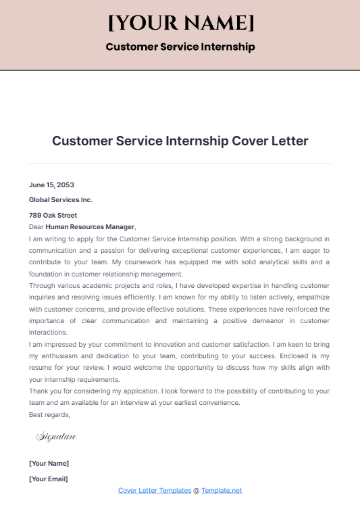 Customer Service Internship Cover Letter - Edit Online & Download