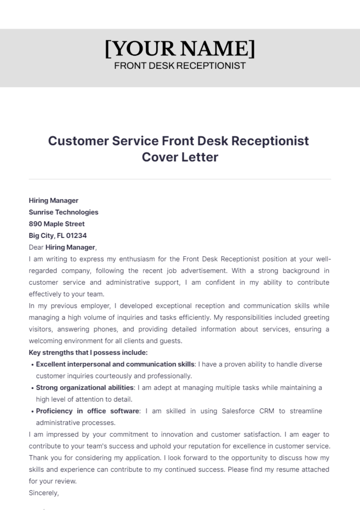 Customer Service Front Desk Receptionist Cover Letter - Edit Online & Download