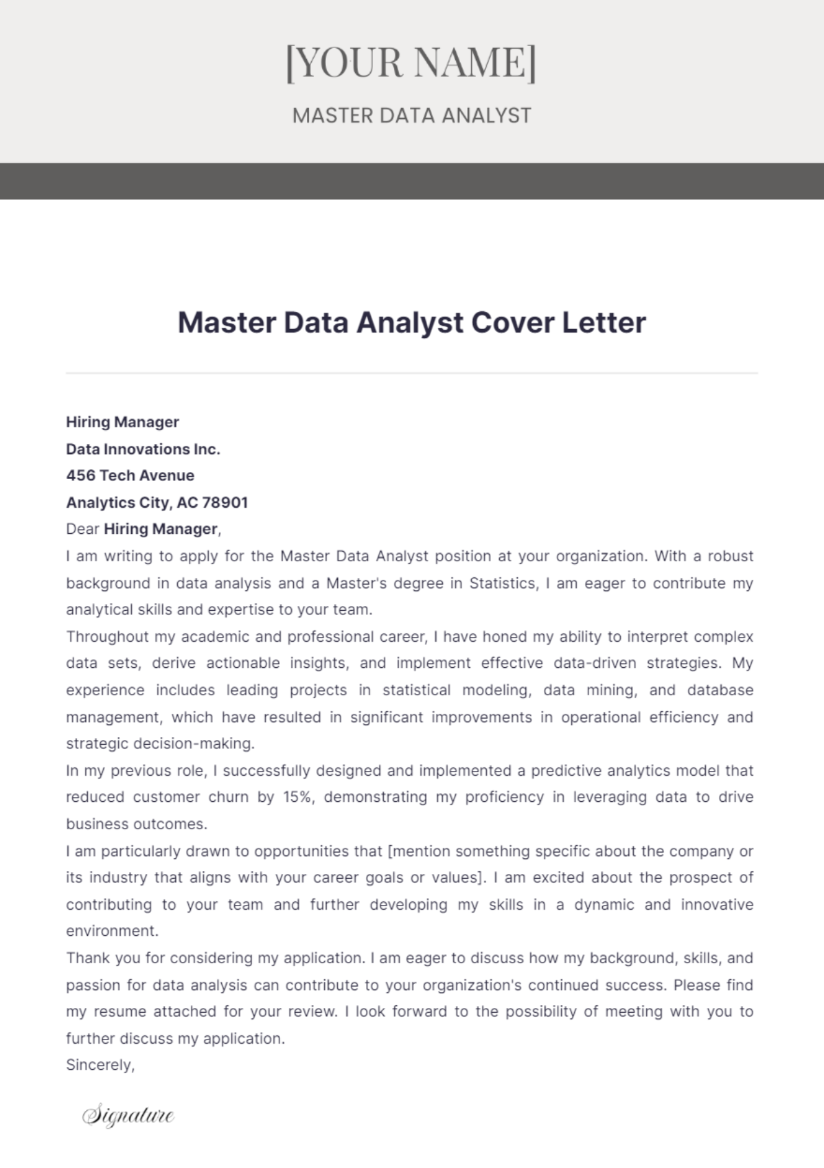 Master Data Analyst Cover Letter - Edit Online & Download