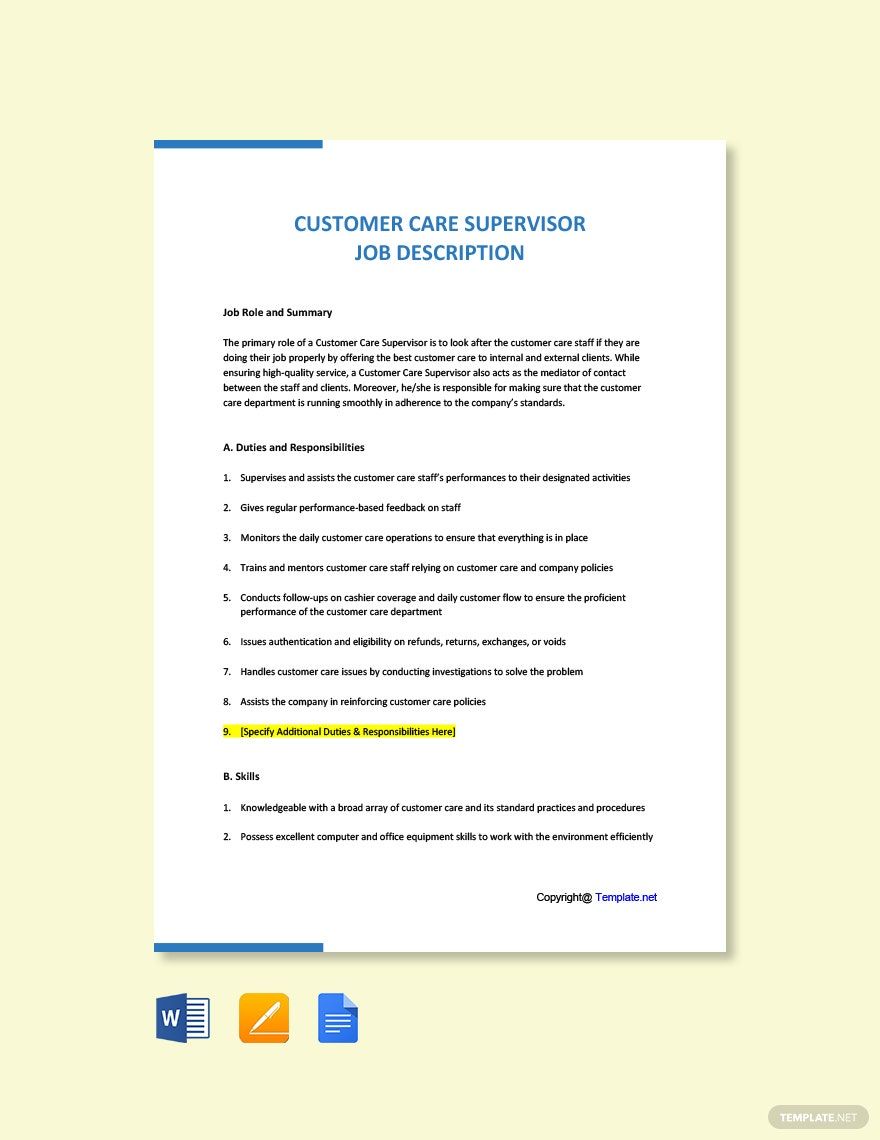 Customer Care Supervisor Job Description Template