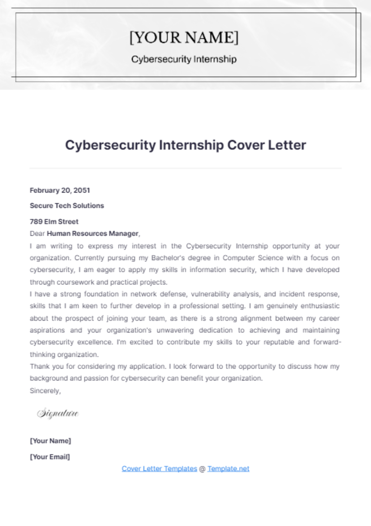 Cybersecurity Internship Cover Letter - Edit Online & Download