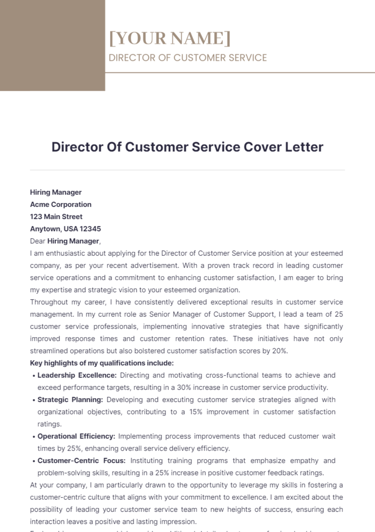 Director Of Customer Service Cover Letter - Edit Online & Download