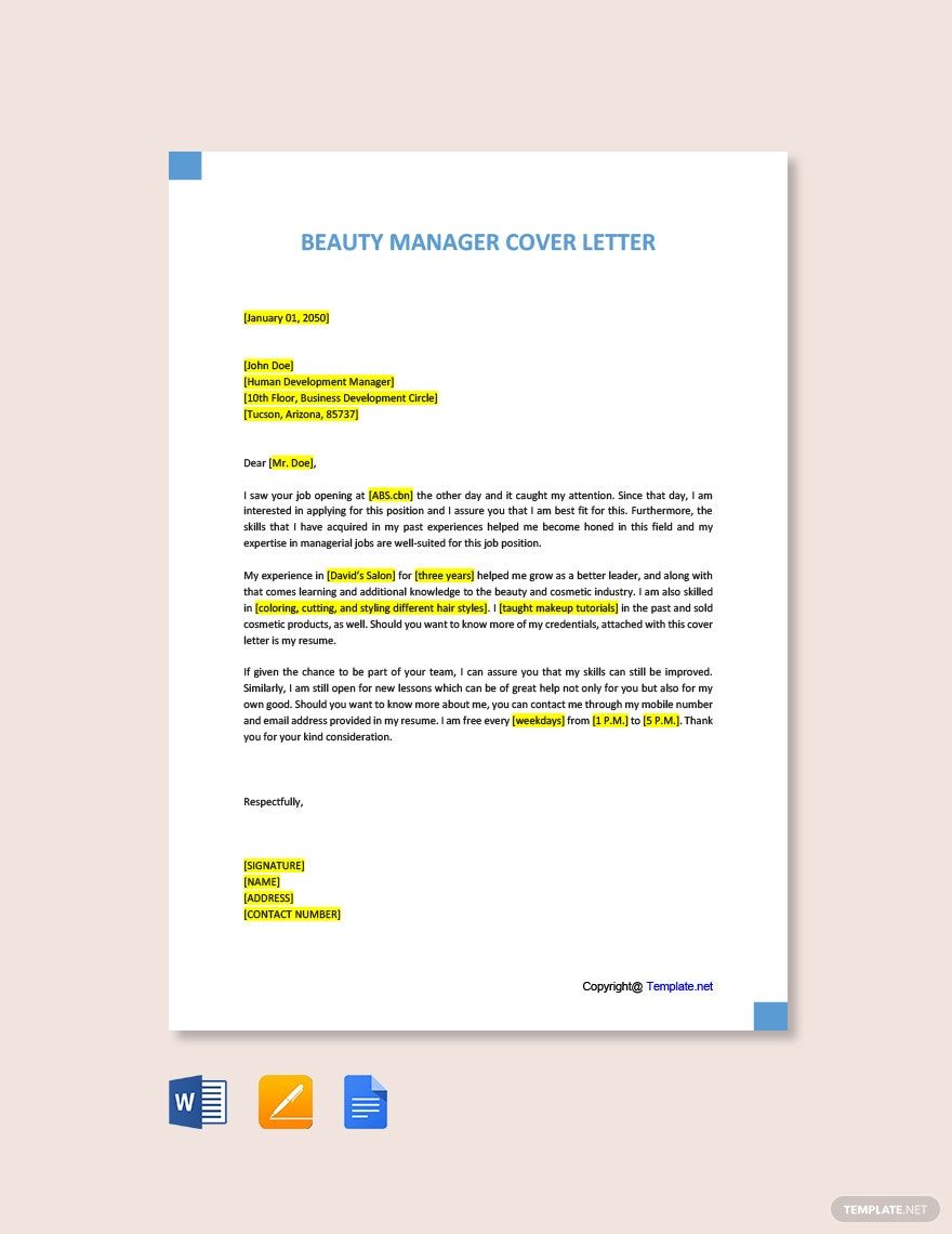 Beauty Manager Cover Letter in Google Docs, Word, Pages, PDF - Download | Template.net