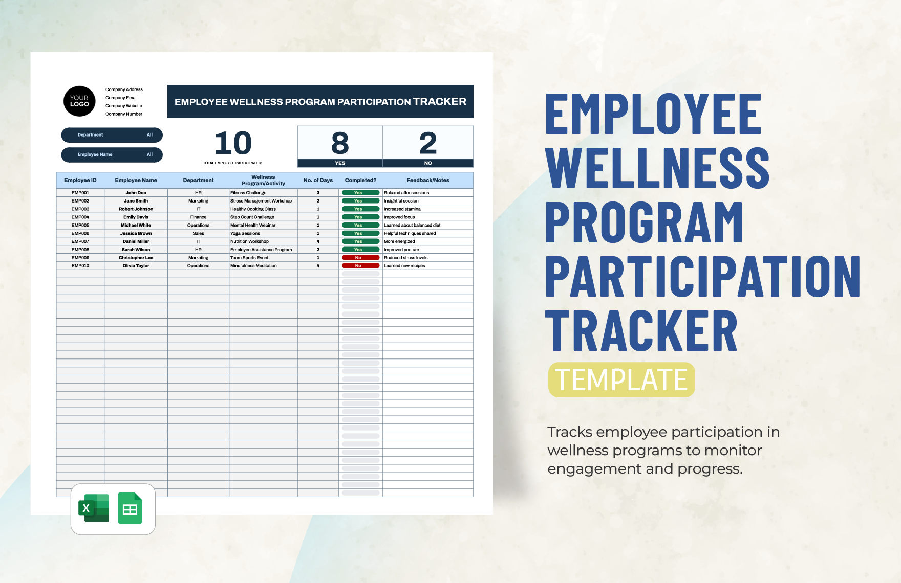 Employee Wellness Program Participation Tracker Template in Excel, Google Sheets