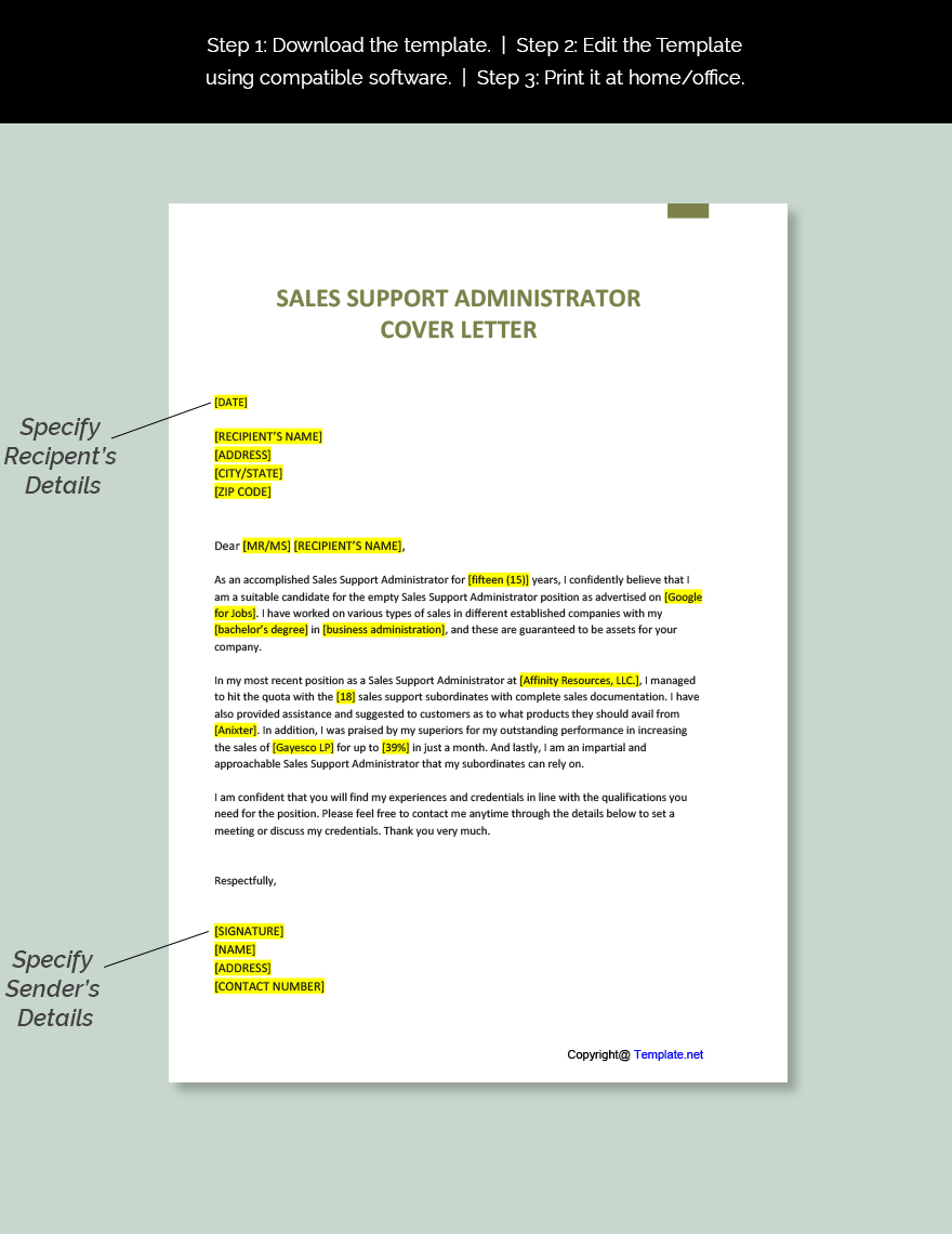 Sales Support Administrator Cover Letter