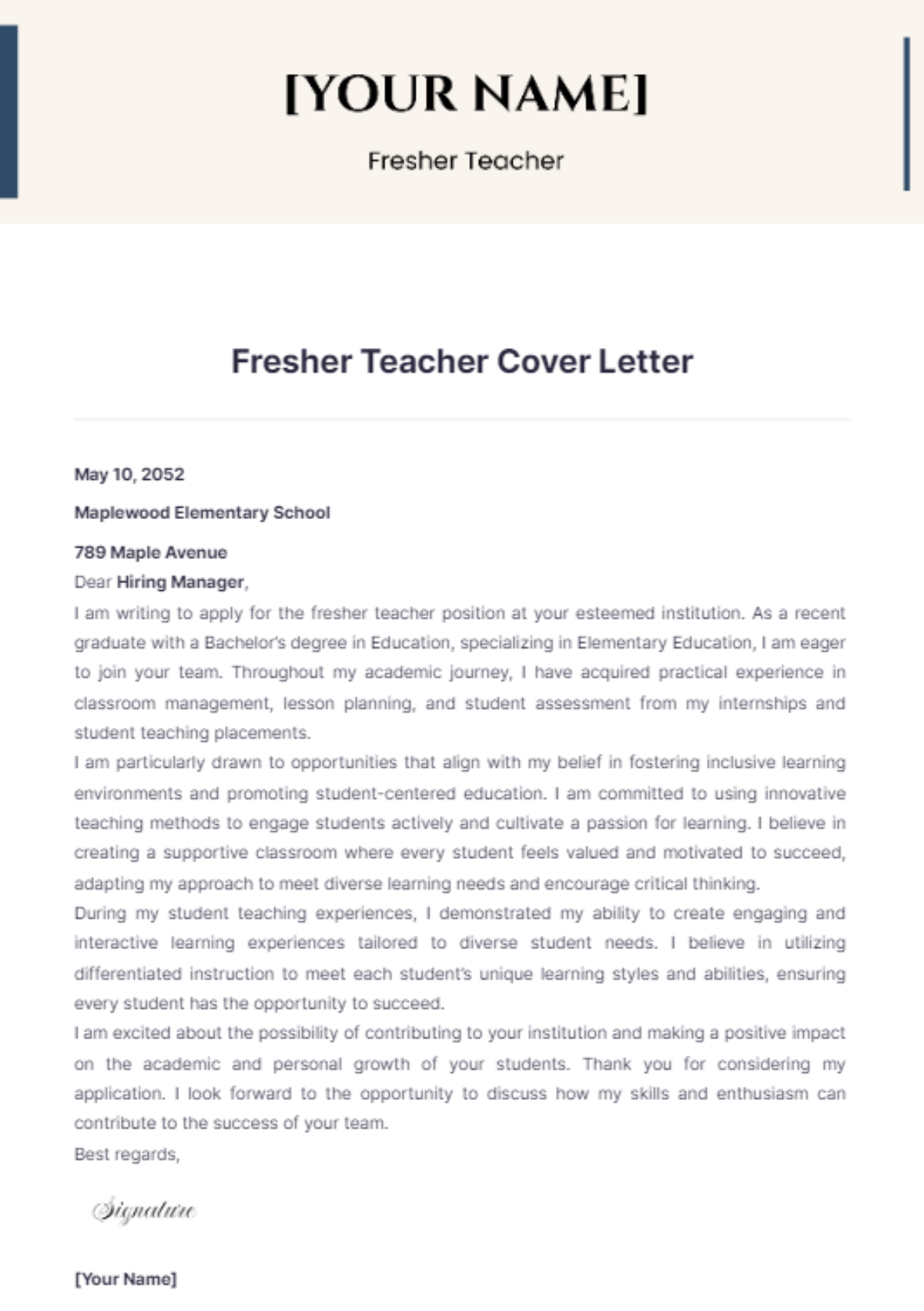 Fresher Teacher Cover Letter - Edit Online & Download