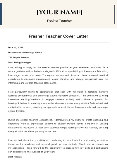 Free Fresher Teacher Cover Letter to Edit Online
