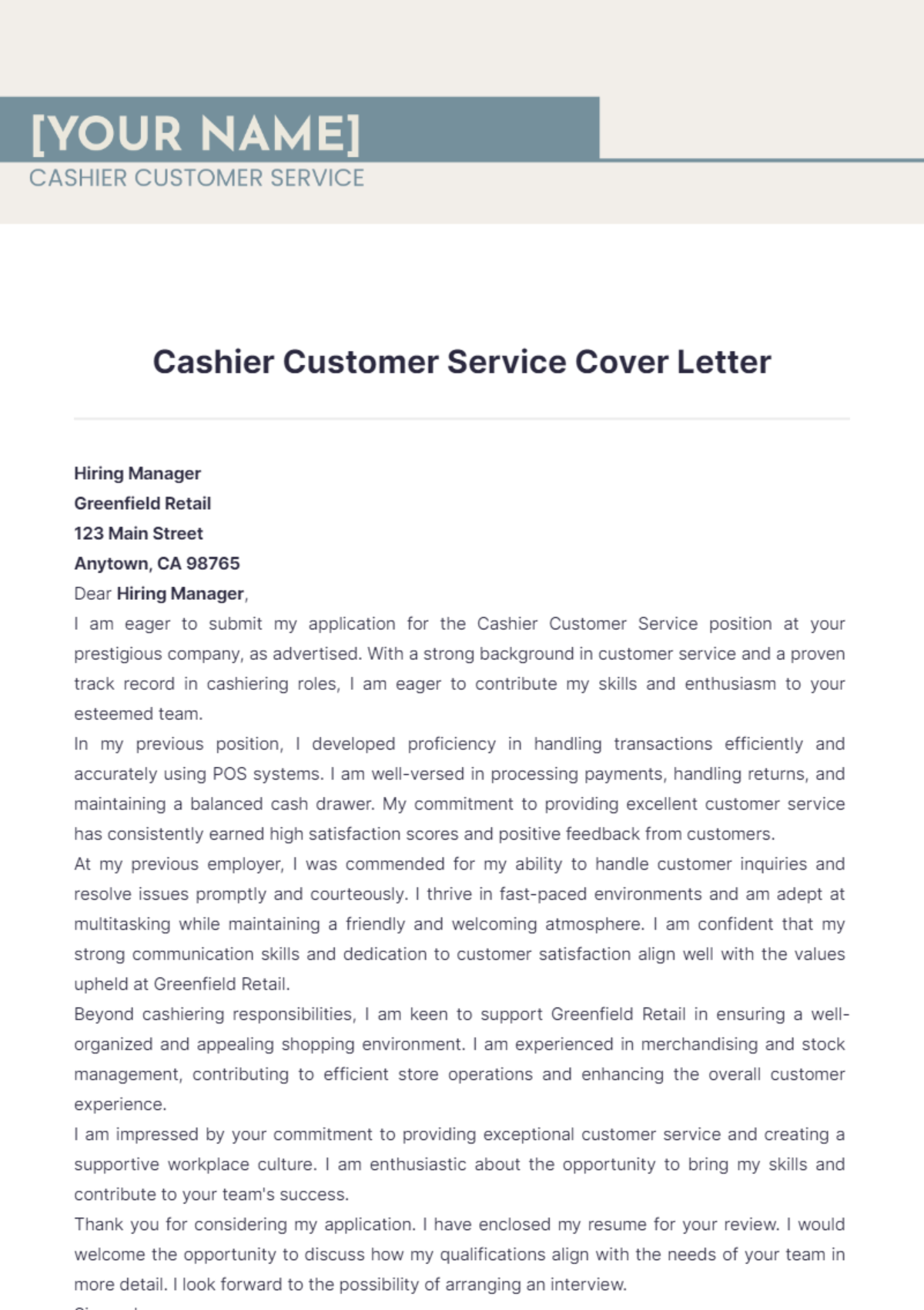 Cashier Customer Service Cover Letter - Edit Online & Download