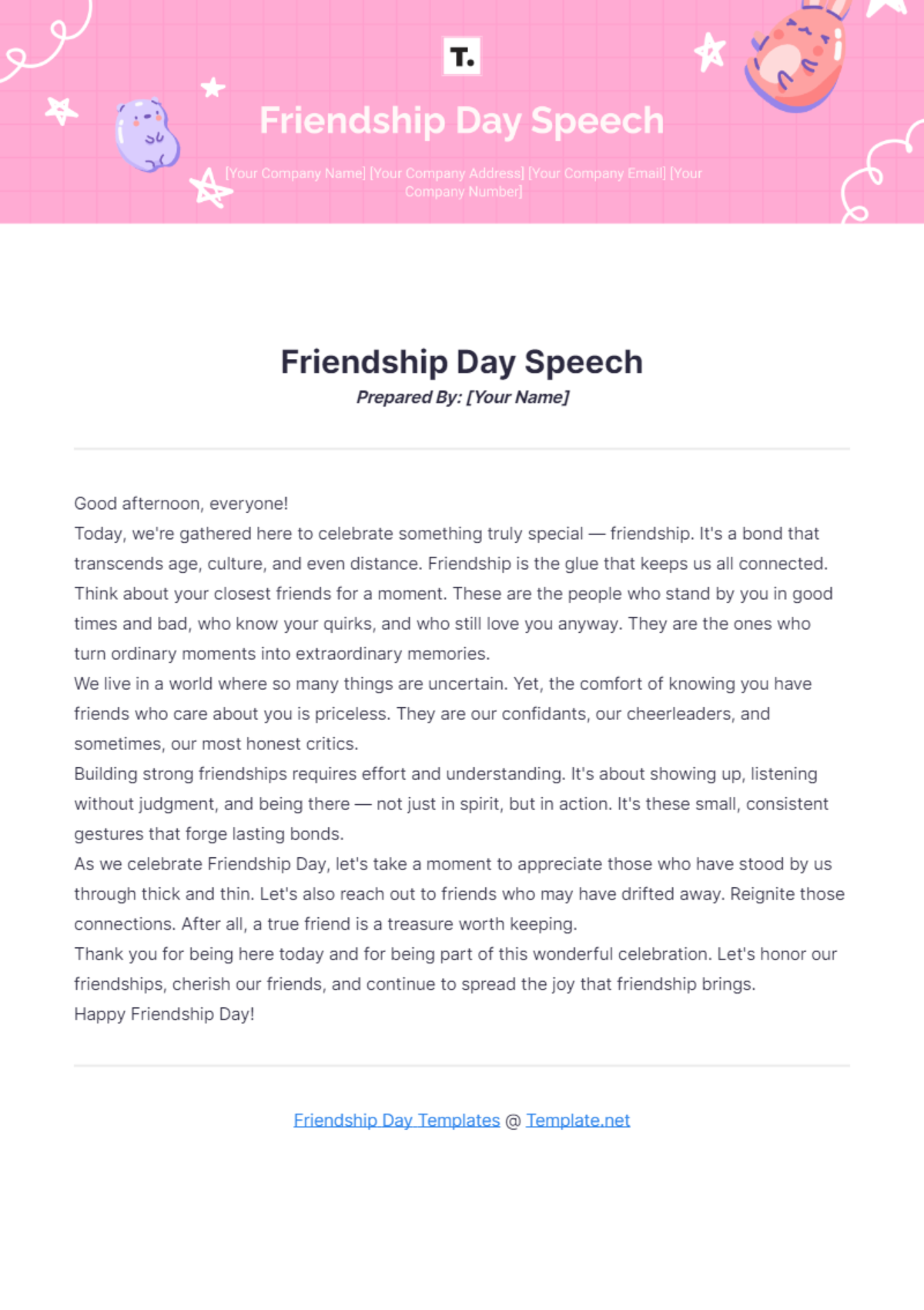 Friendship Day Speech Template - Edit Online & Download