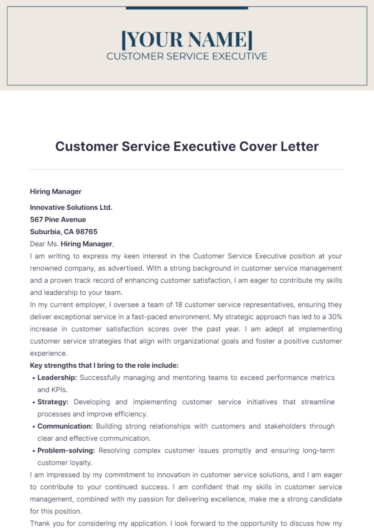 Customer Service Executive Cover Letter - Edit Online & Download