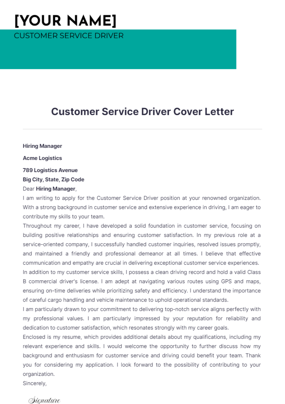 Customer Service Driver Cover Letter - Edit Online & Download