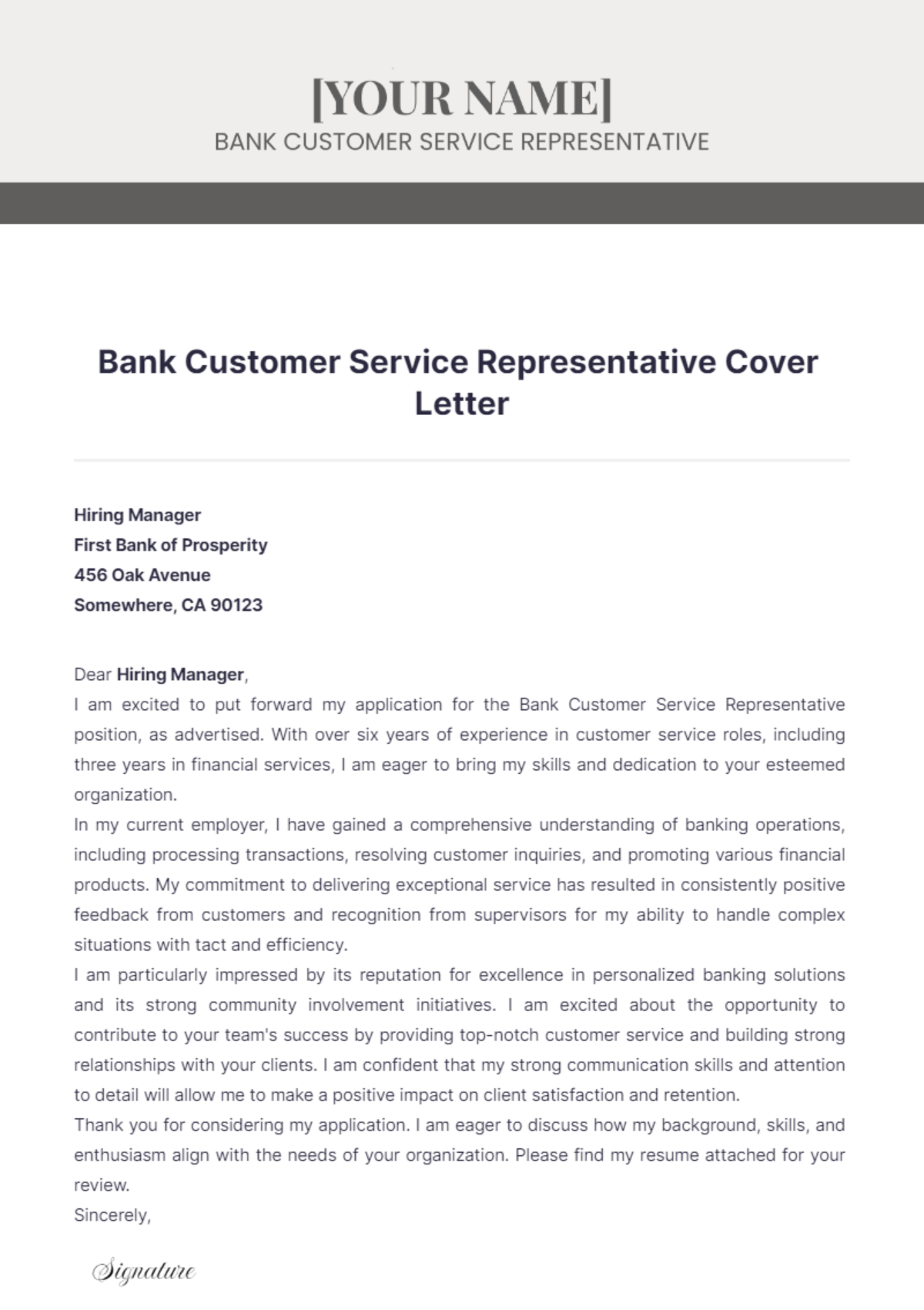 Bank Customer Service Representative Cover Letter - Edit Online & Download