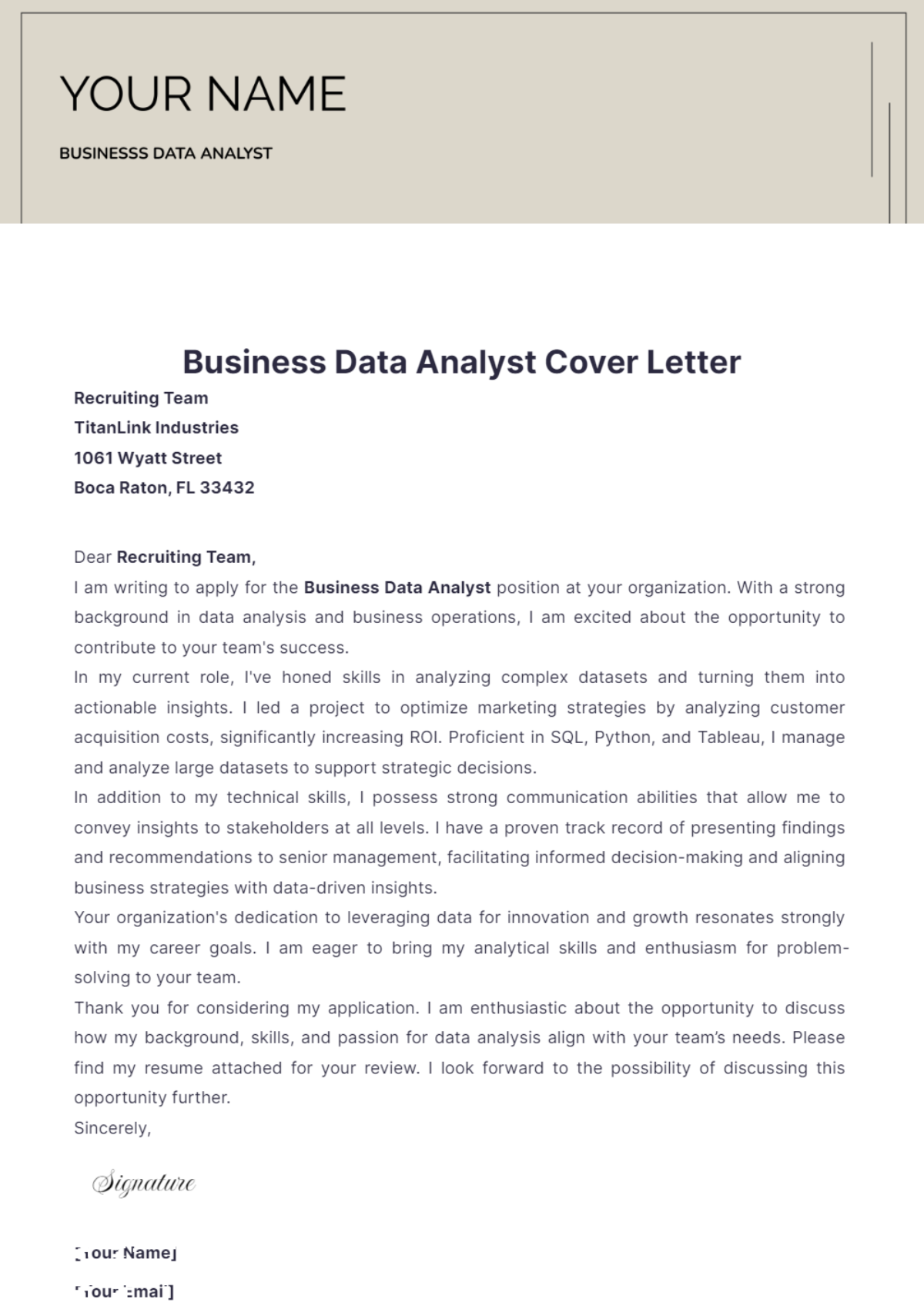 Business Data Analyst Cover Letter - Edit Online & Download