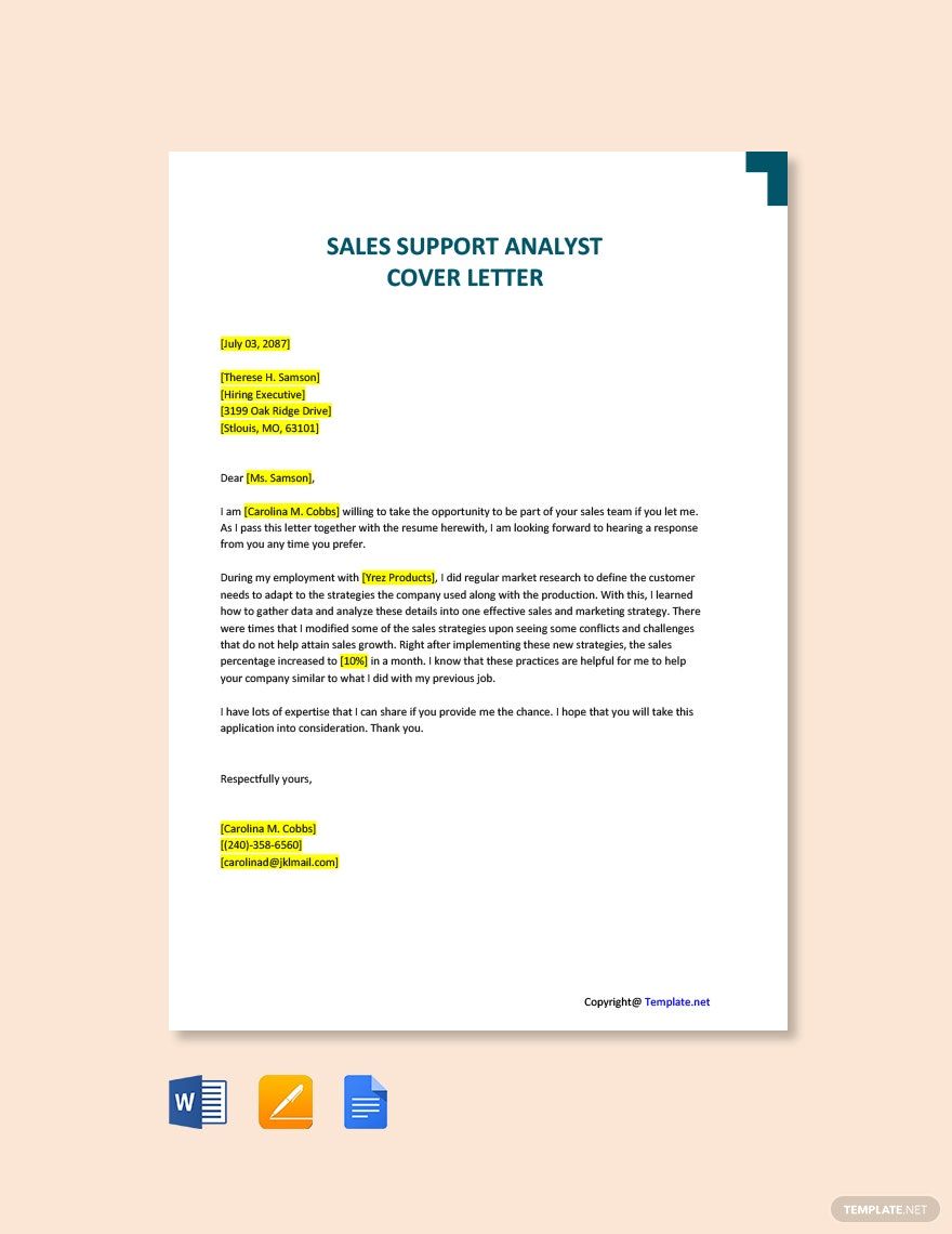 Sales Support Analyst Cover Letter