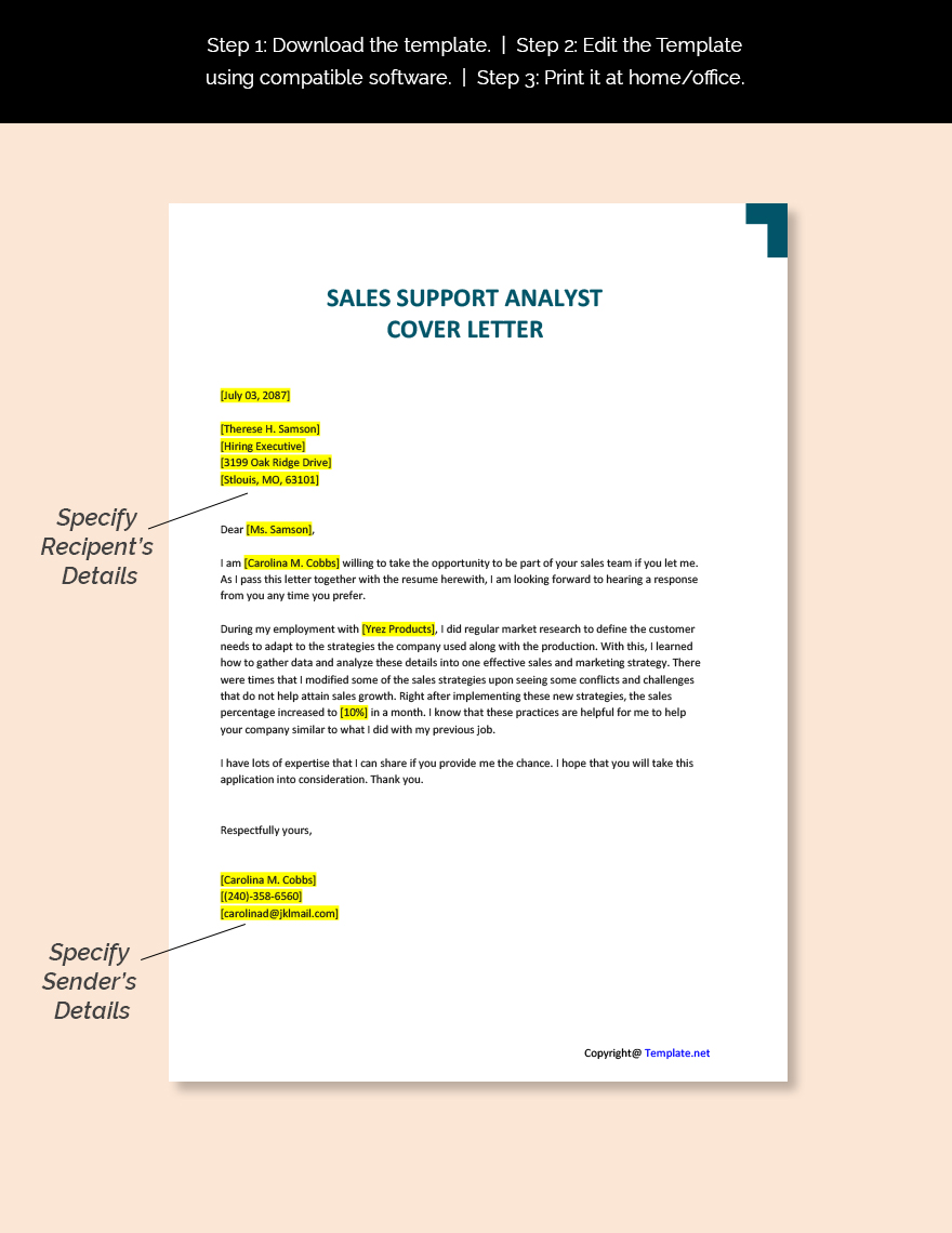 Sales Support Analyst Cover Letter