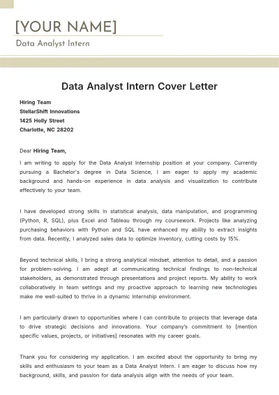 Free Data Analyst Intern Cover Letter to Edit Online