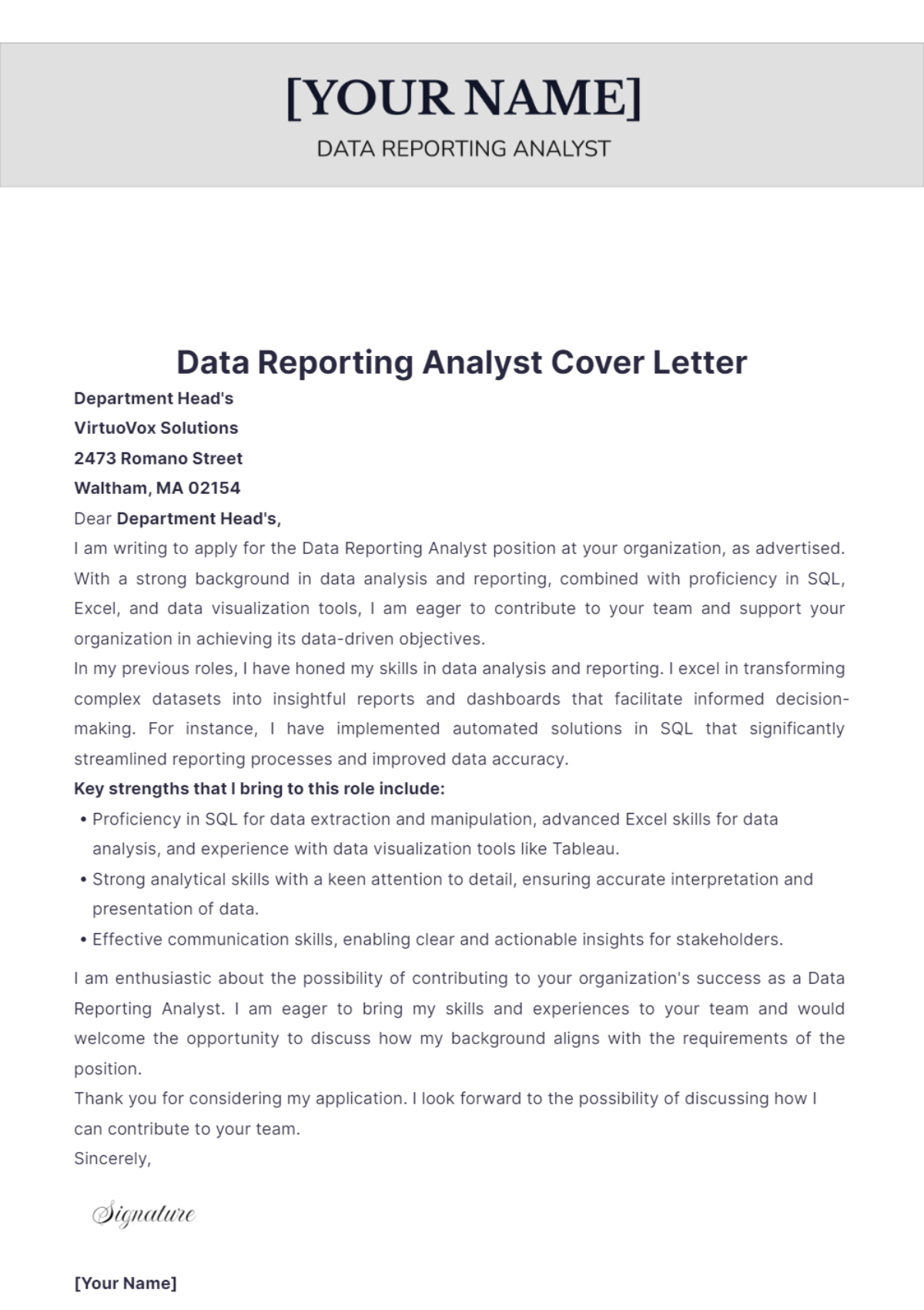 Data Reporting Analyst Cover Letter - Edit Online & Download