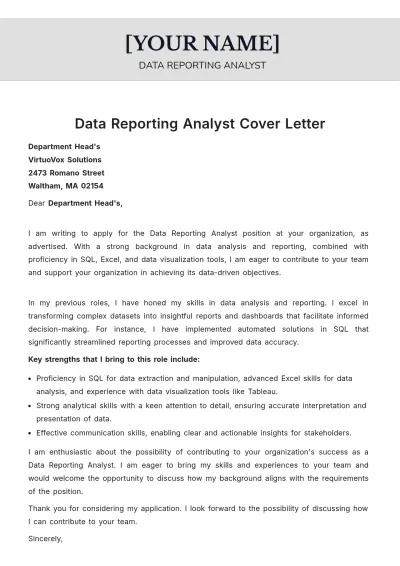 Free Data Reporting Analyst Cover Letter to Edit Online