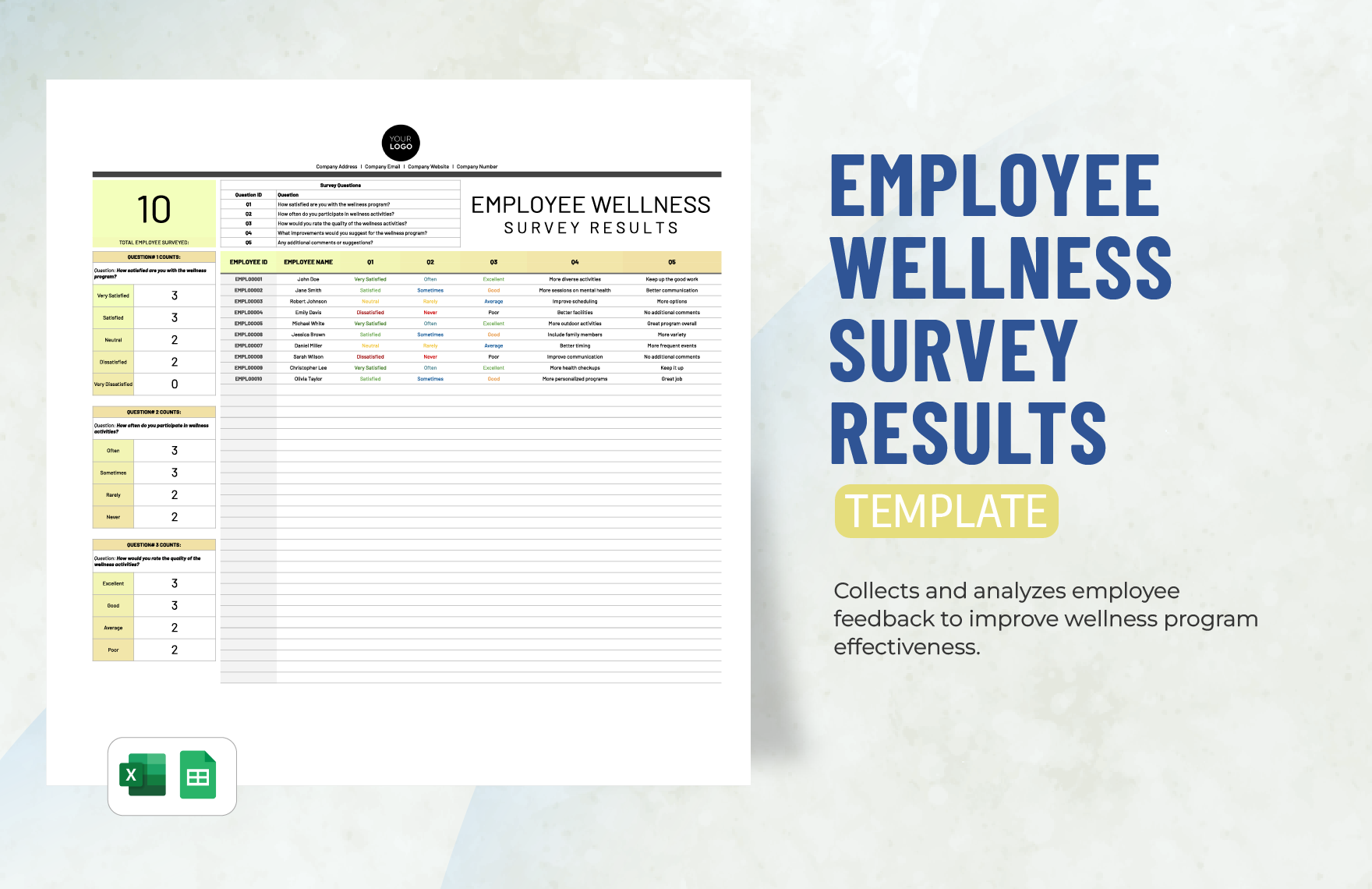 Employee Wellness Survey Results Template in Excel, Google Sheets