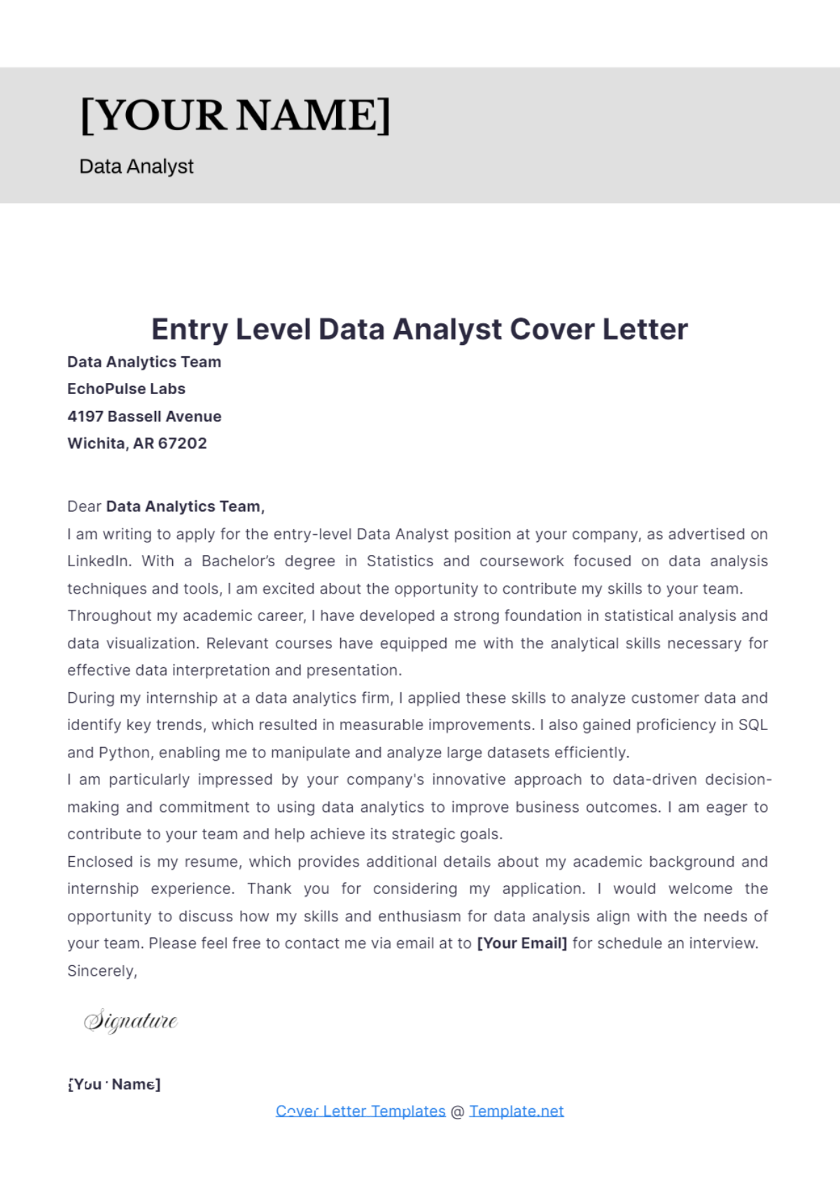 Entry Level Data Analyst Cover Letter - Edit Online & Download