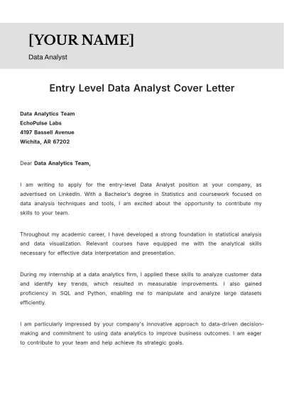 Free Entry Level Data Analyst Cover Letter to Edit Online
