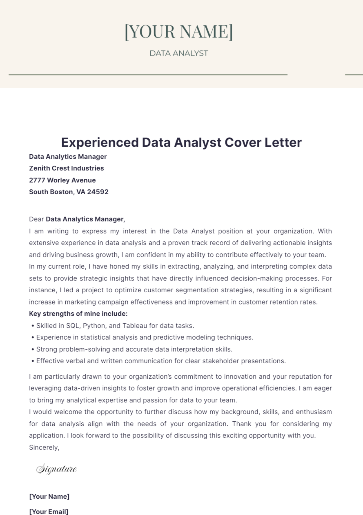 Experienced Data Analyst Cover Letter - Edit Online & Download