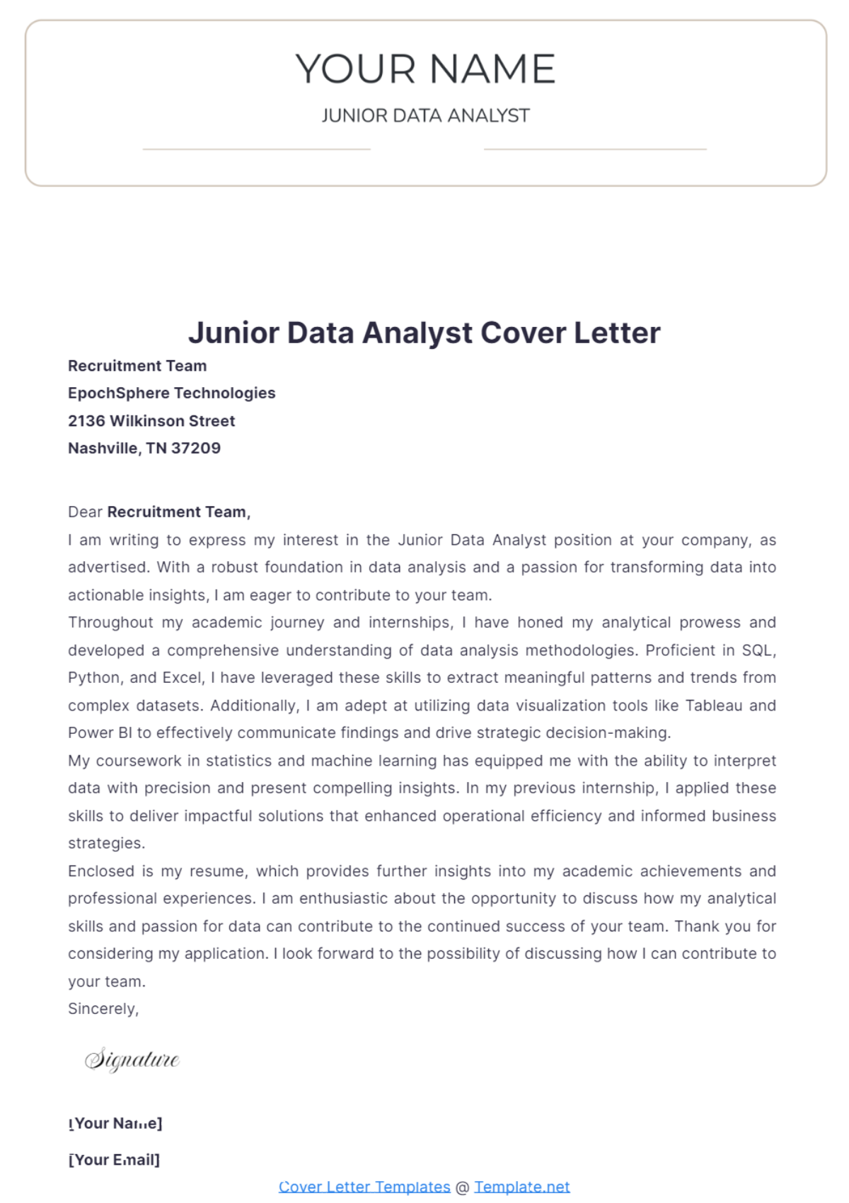 Junior Data Analyst Cover Letter - Edit Online & Download