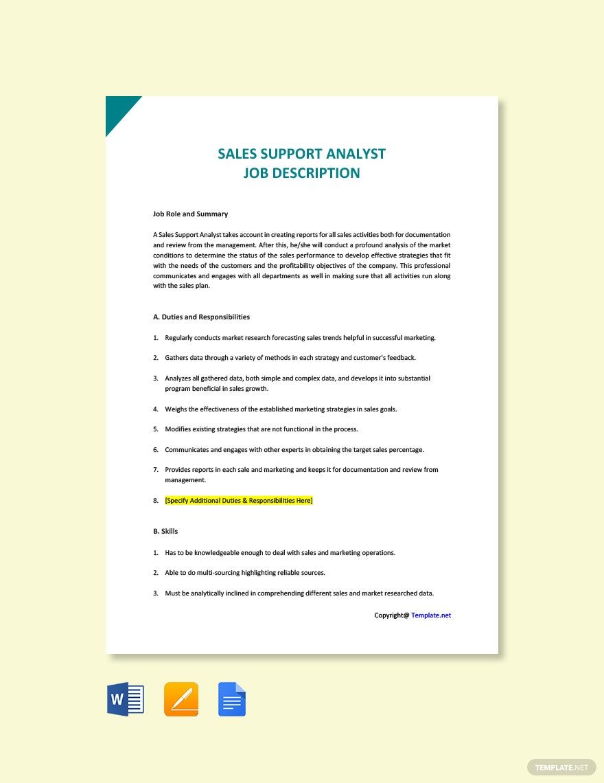 Sales Support Analyst Job Ad and Description Template