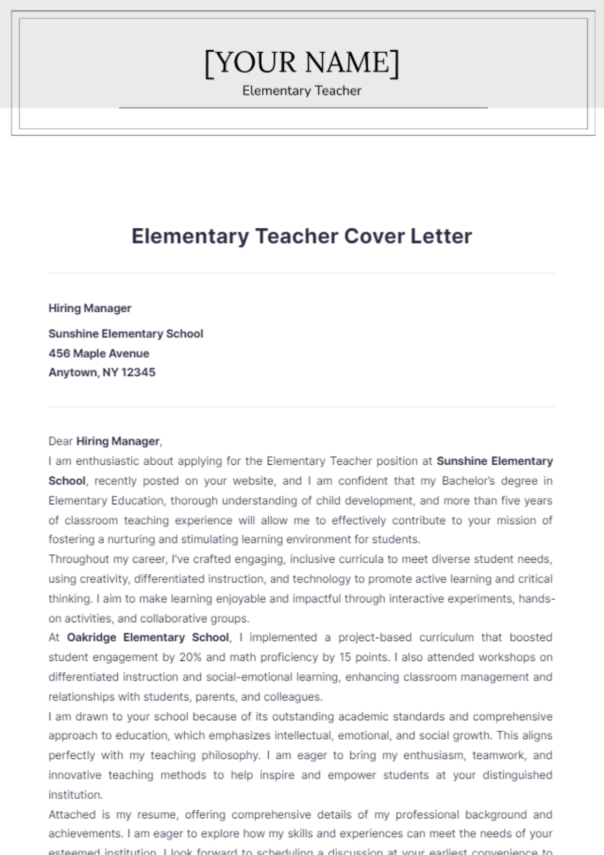 Elementary Teacher Cover Letter - Edit Online & Download