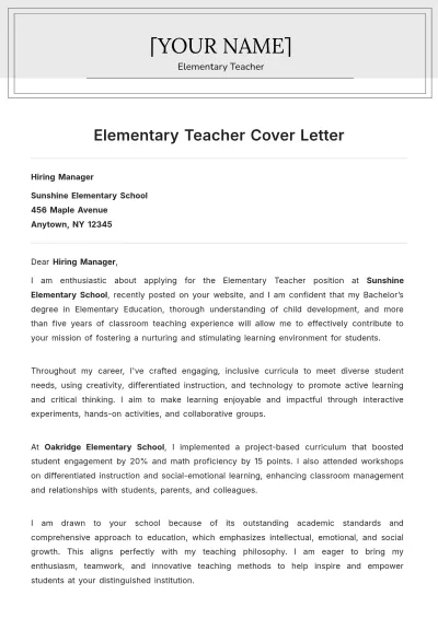 Free Elementary Teacher Cover Letter to Edit Online
