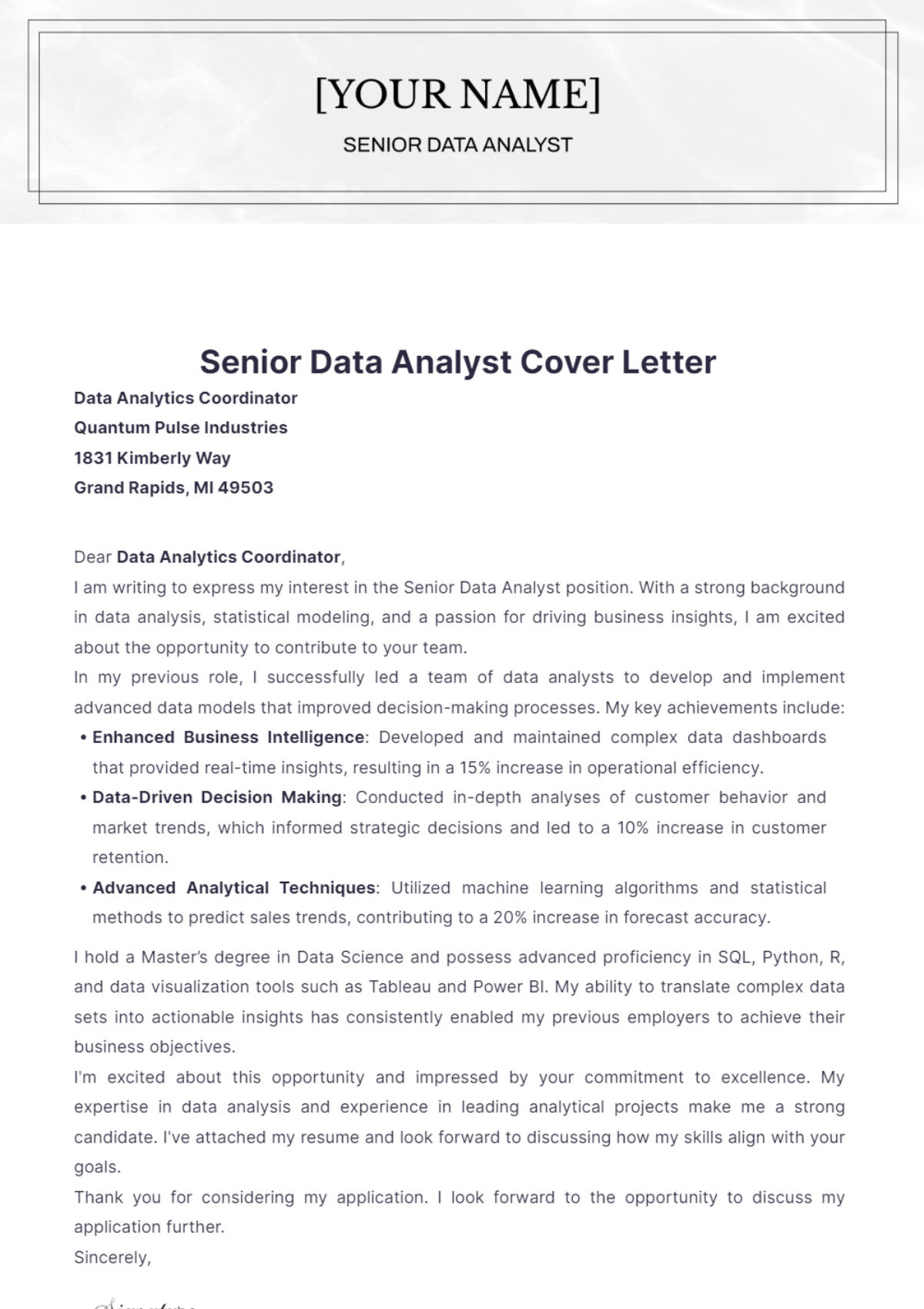 Senior Data Analyst Cover Letter - Edit Online & Download