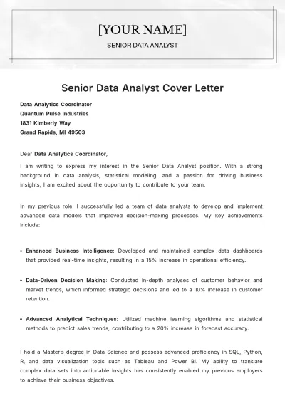 Free Senior Data Analyst Cover Letter to Edit Online