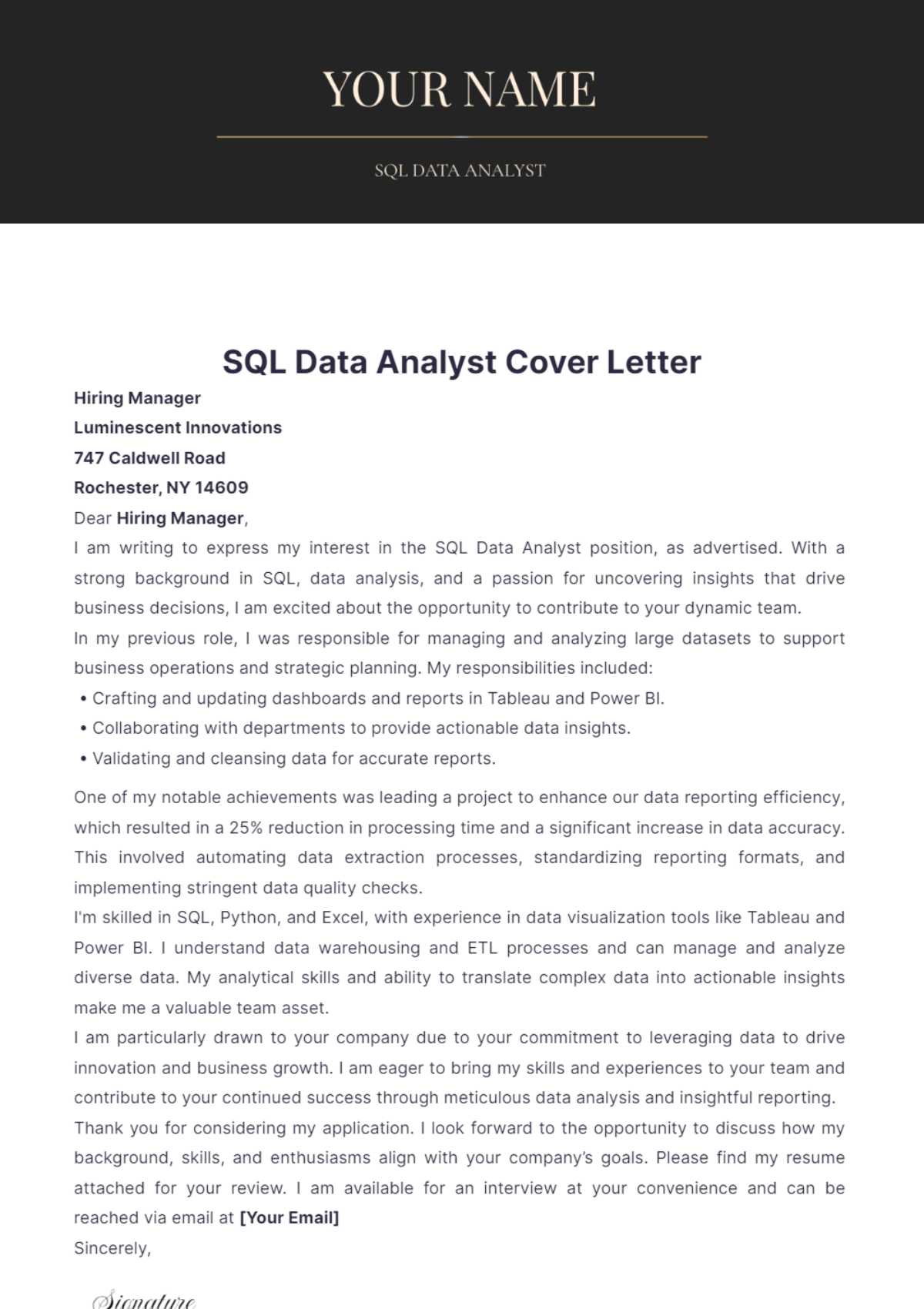 SQL Data Analyst Cover Letter - Edit Online & Download