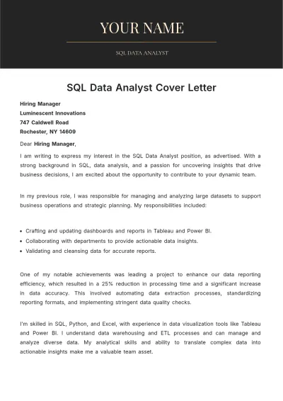 Free SQL Data Analyst Cover Letter to Edit Online