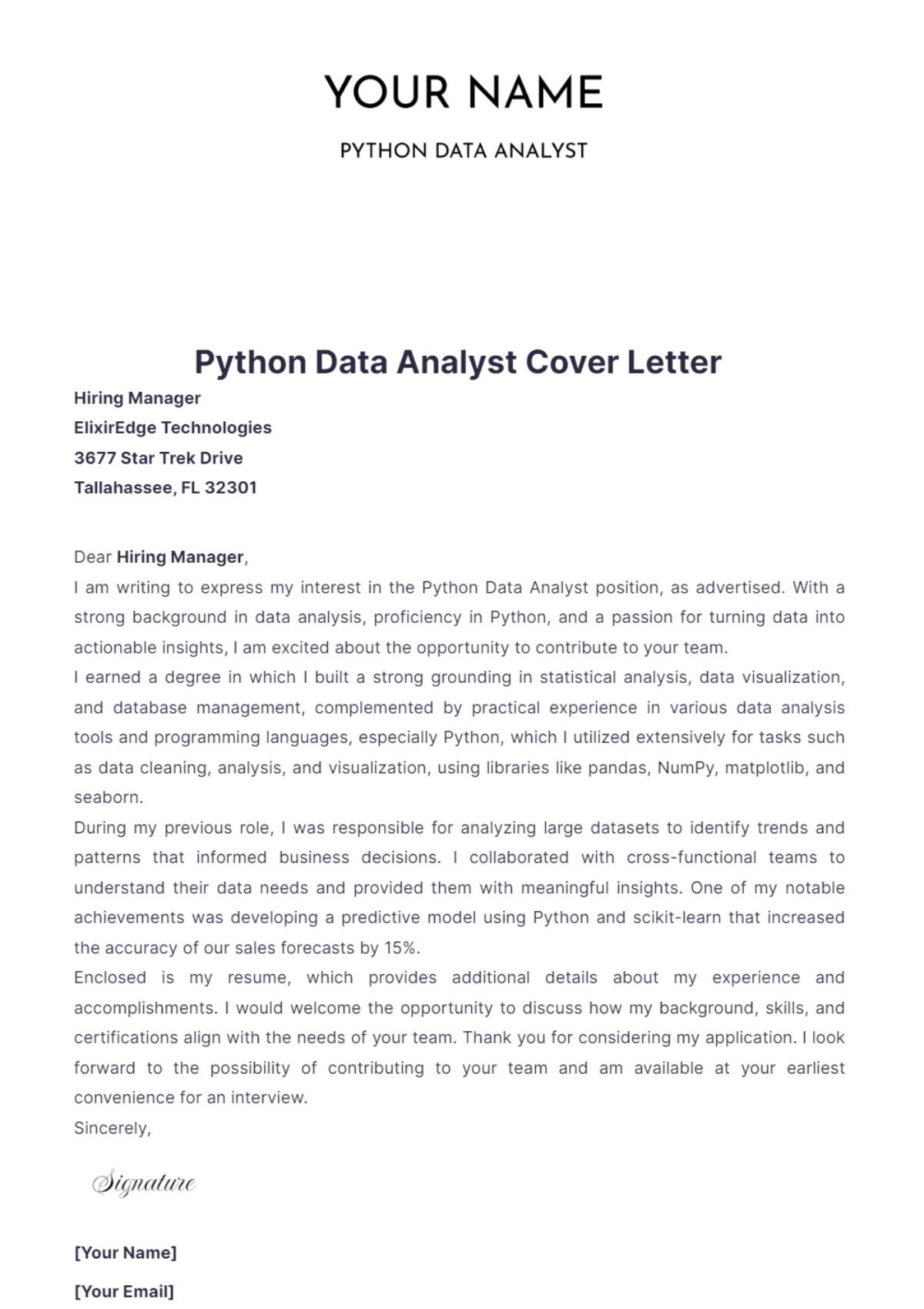 Python Data Analyst Cover Letter - Edit Online & Download