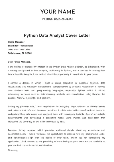 Free Python Data Analyst Cover Letter to Edit Online