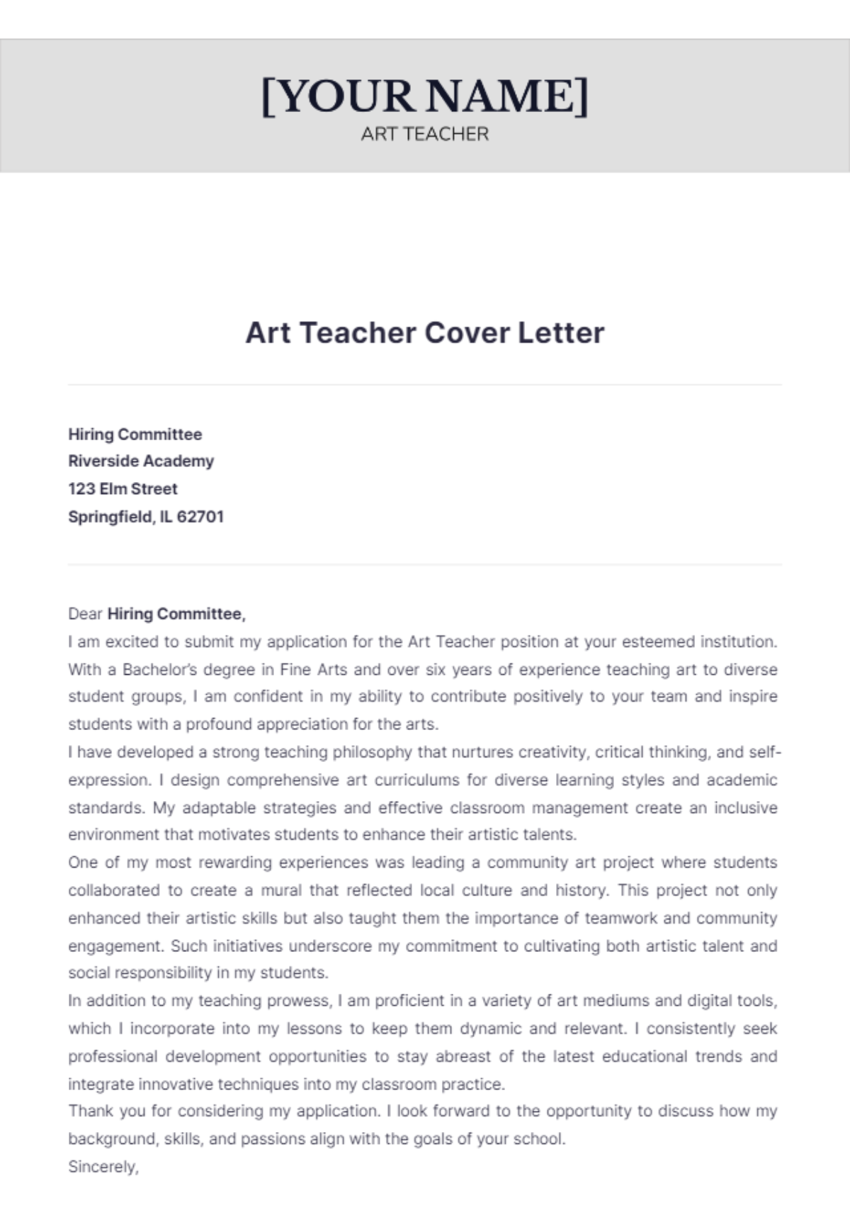 Art Teacher Cover Letter - Edit Online & Download