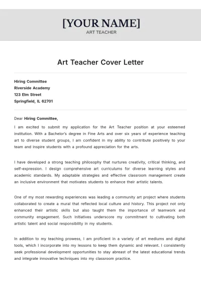 Free Art Teacher Cover Letter to Edit Online