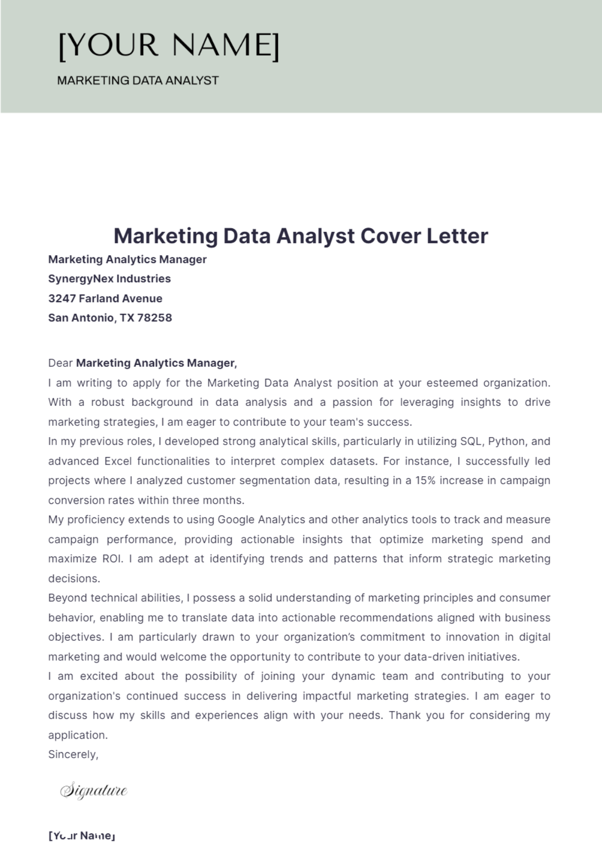 Marketing Data Analyst Cover Letter - Edit Online & Download