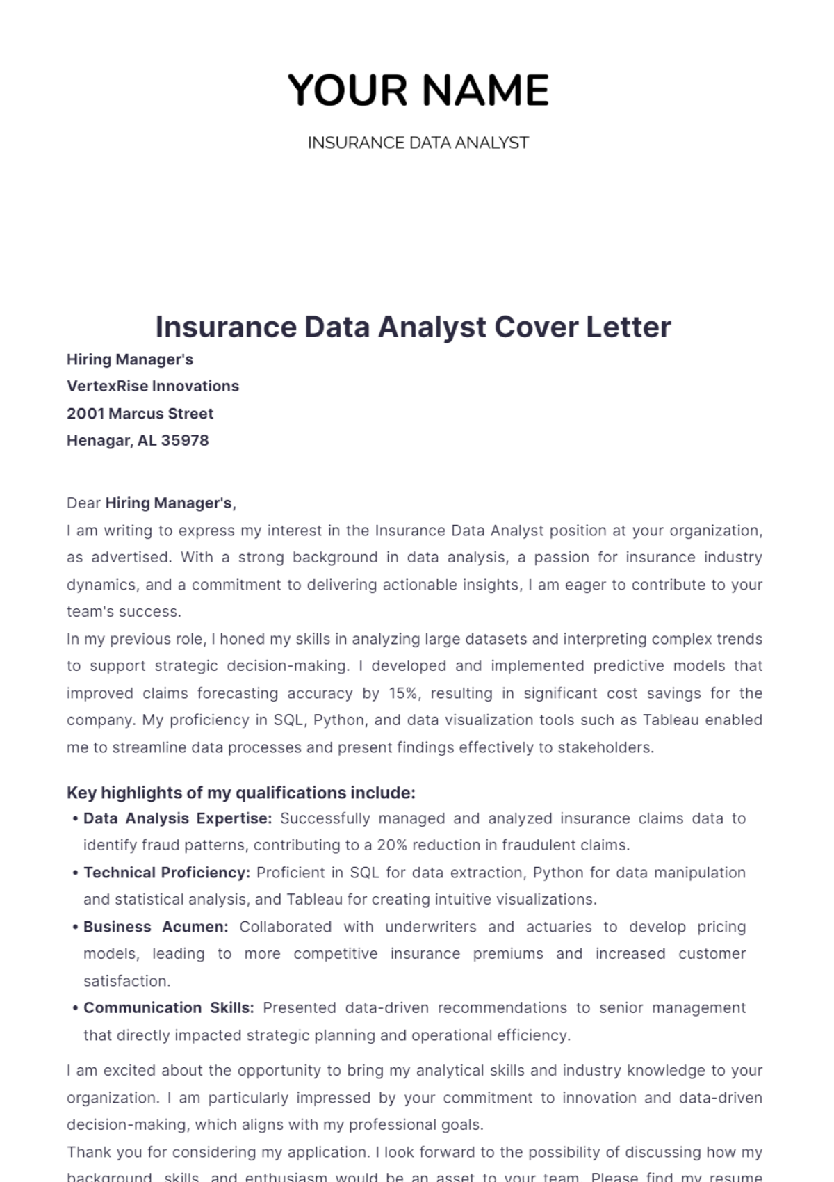 Insurance Data Analyst Cover Letter - Edit Online & Download