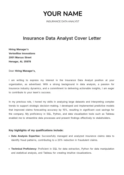 Free Insurance Data Analyst Cover Letter to Edit Online
