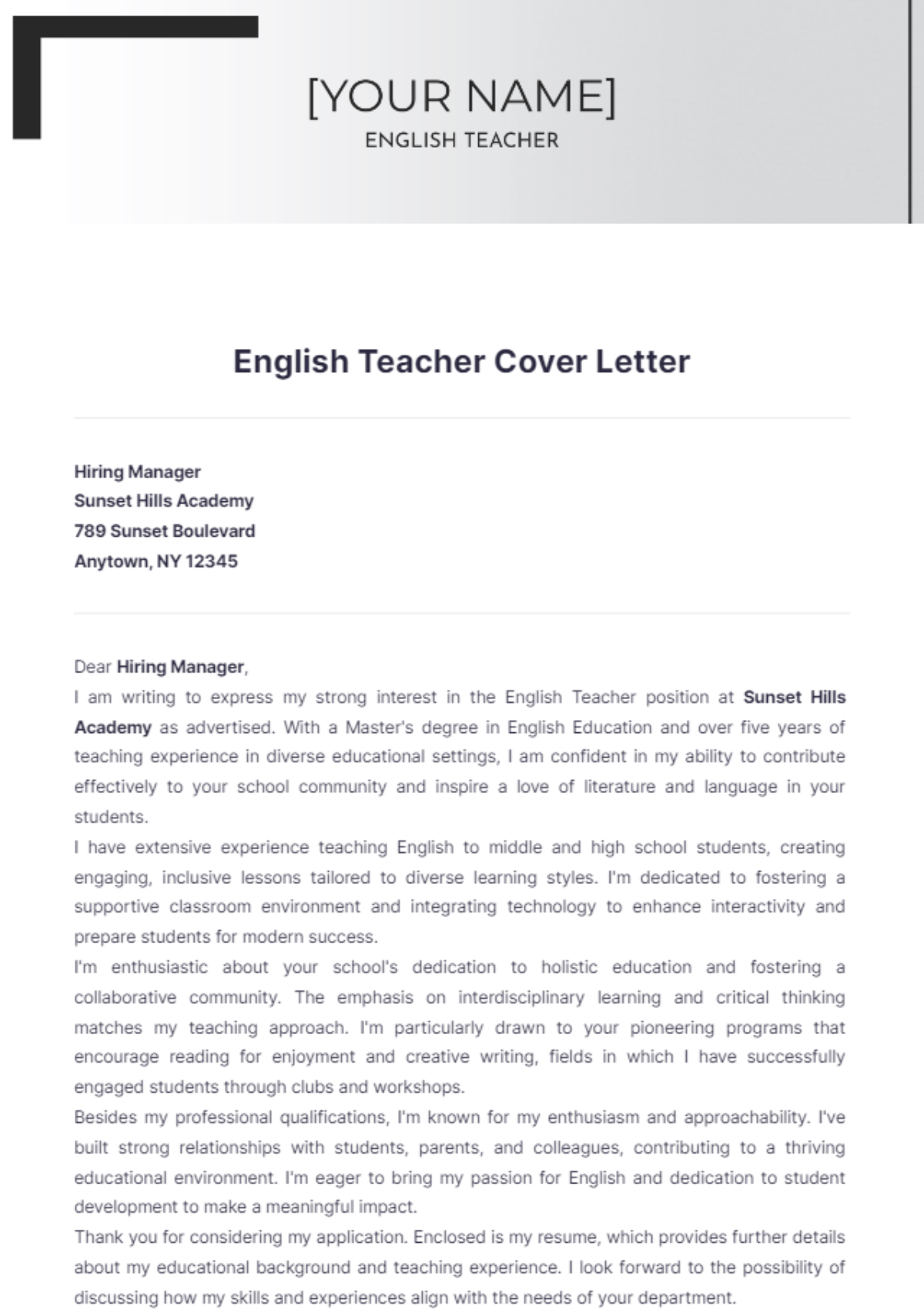 English Teacher Cover Letter - Edit Online & Download