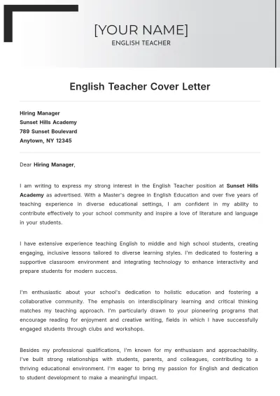 Free English Teacher Cover Letter to Edit Online