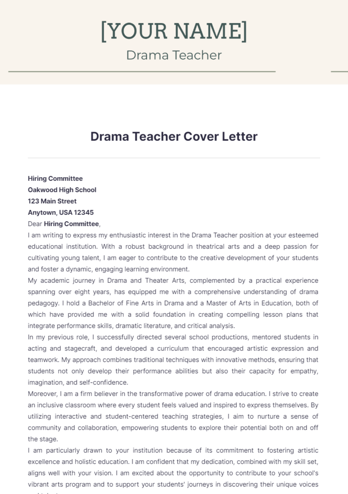 Drama Teacher Cover Letter - Edit Online & Download