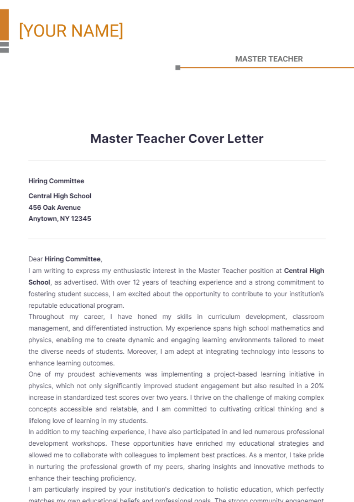 Master Teacher Cover Letter - Edit Online & Download