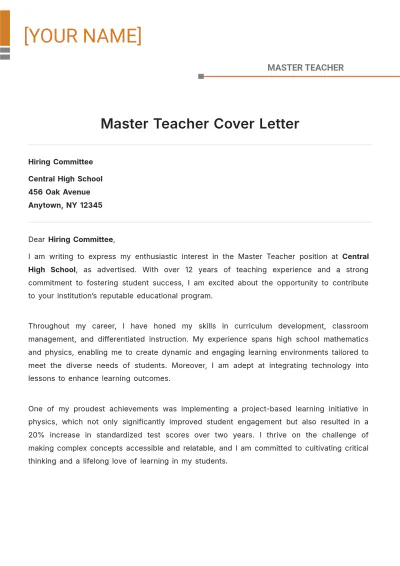 Free Master Teacher Cover Letter to Edit Online