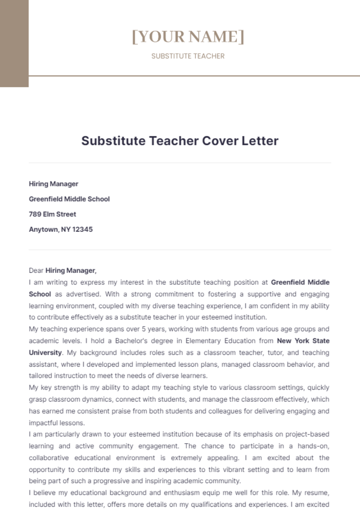 Substitute Teacher Cover Letter - Edit Online & Download