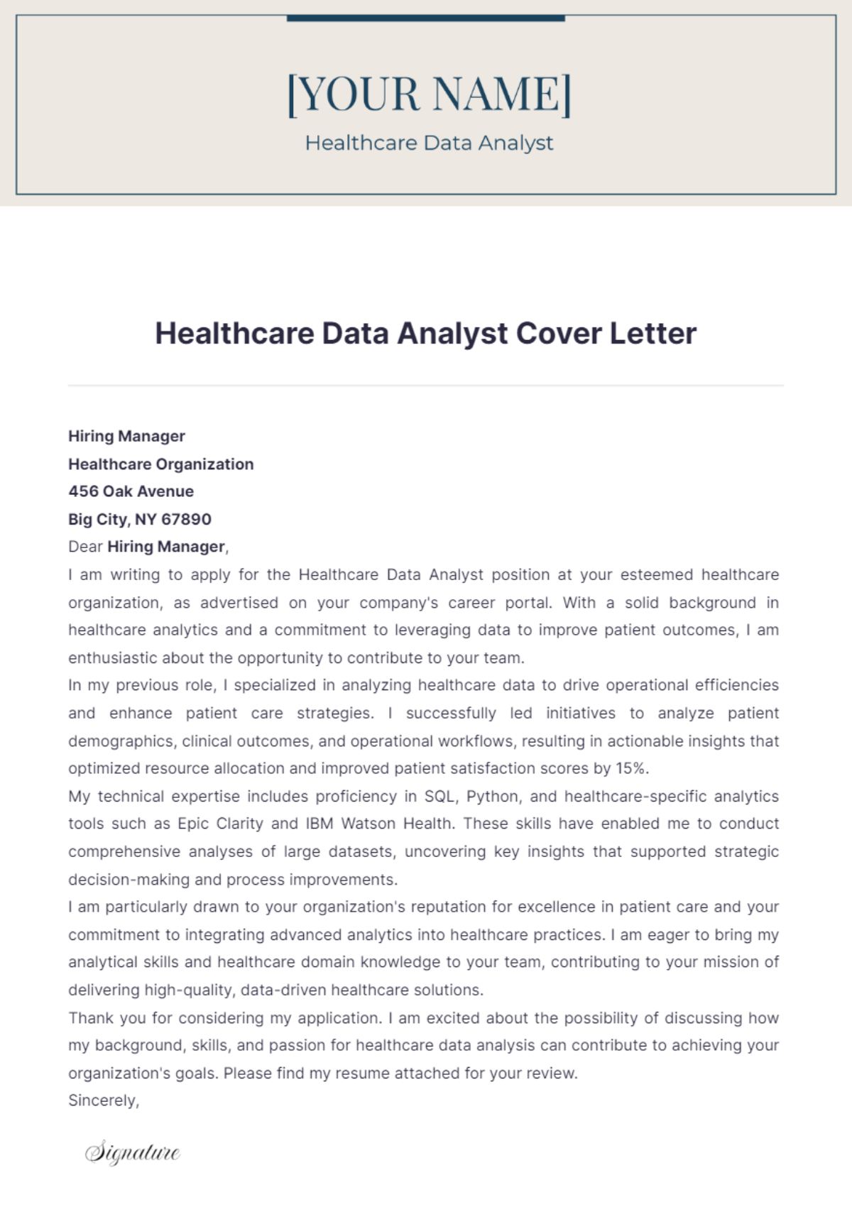 Healthcare Data Analyst Cover Letter - Edit Online & Download