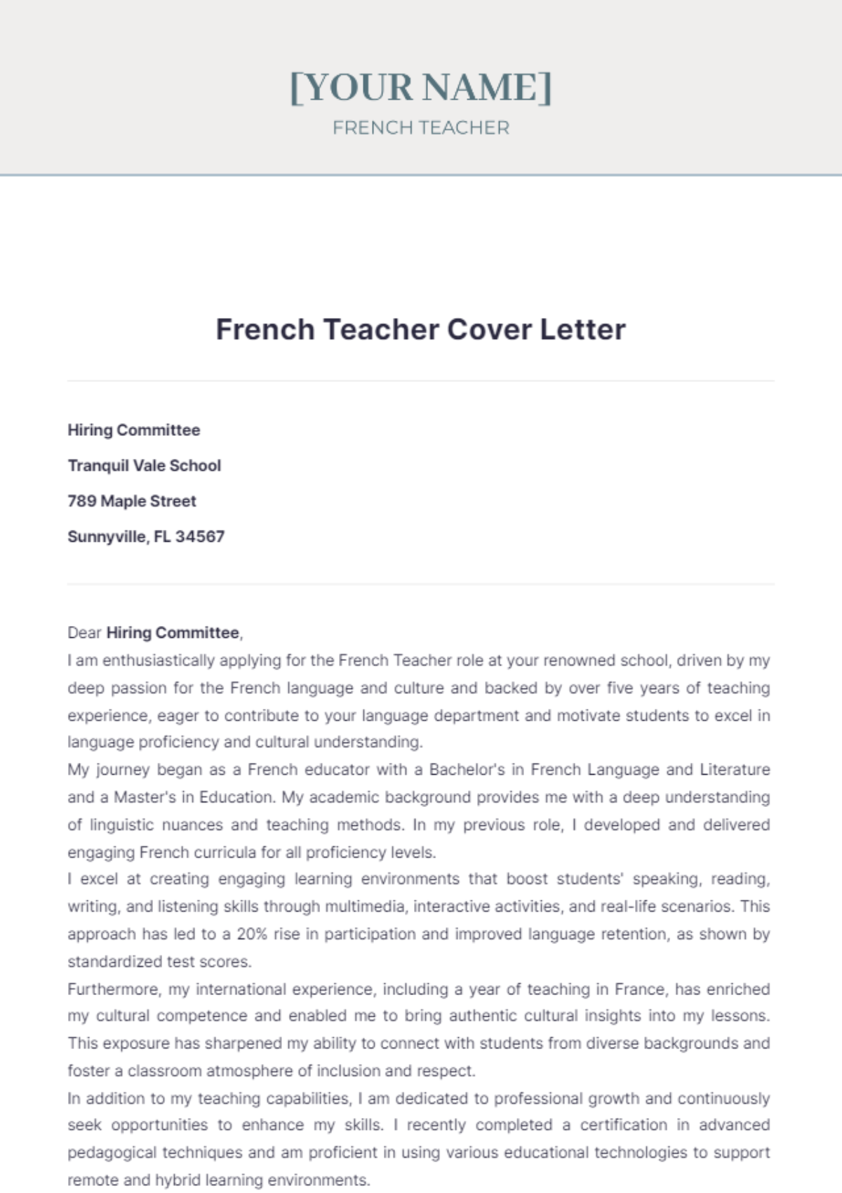 French Teacher Cover Letter - Edit Online & Download